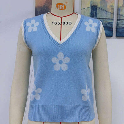 Women's Contrasting Color Jacquard V-Neck Sleeveless Knit Tank Top - Très Elite