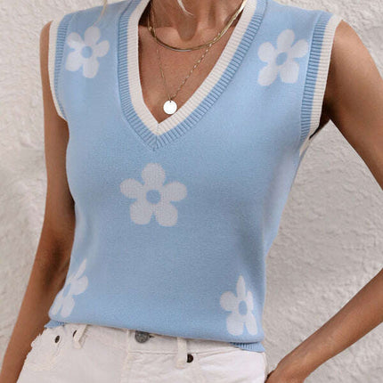 Women's Contrasting Color Jacquard V-Neck Sleeveless Knit Tank Top - Très Elite