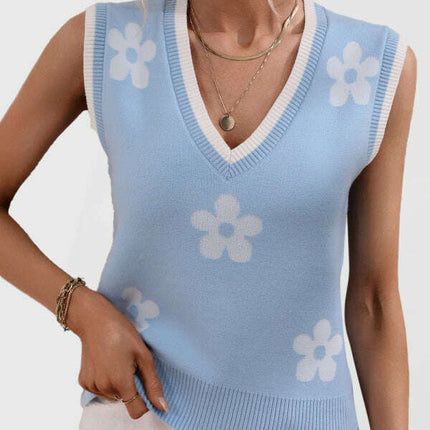 Women's Contrasting Color Jacquard V-Neck Sleeveless Knit Tank Top