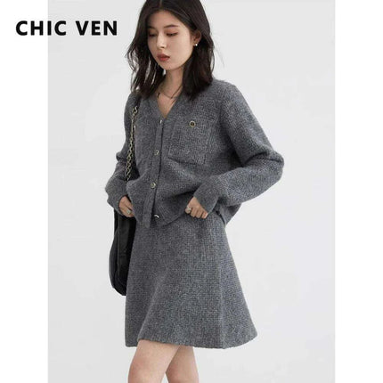 Women's Cozy Cardigan and A-line Skirt Ensemble for Spring - Très Elite