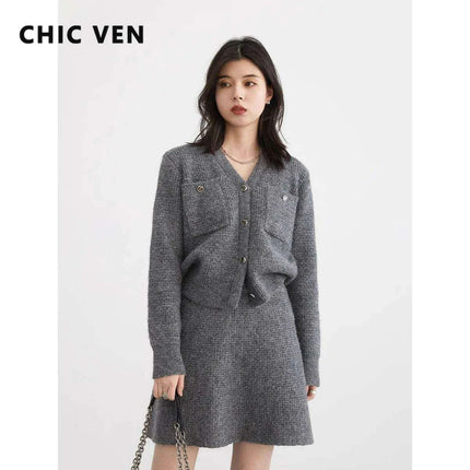 Women's Cozy Cardigan and A-line Skirt Ensemble for Spring - Très Elite