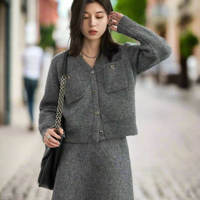 Women's Cozy Cardigan and A-line Skirt Ensemble for Spring