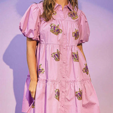 Women's Crown Sequin Puff Sleeve Shirt Dress
