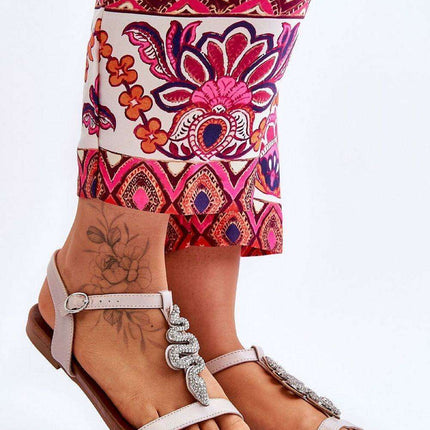 Women's Eco-Leather Flat Sandals with Rhinestone Snake Design - Model 179866 - Très Elite