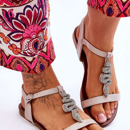 Women's Eco-Leather Flat Sandals with Rhinestone Snake Design - Model 179866 - Très Elite