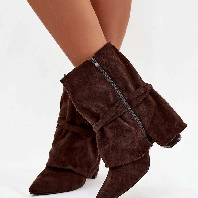 Women's Eco Suede Ankle Boots – Fringes, Overlapping Upper & Gold Buckles - Très Elite