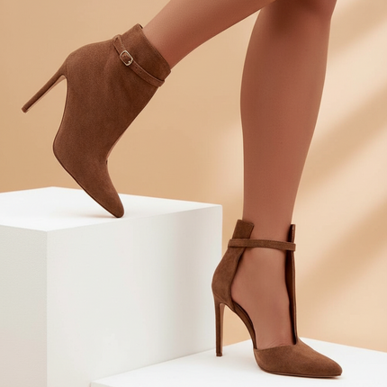 Women's Eco Suede Ankle Boots – Slim Heel, Pointed Toe & Buckle Strap - Très Elite