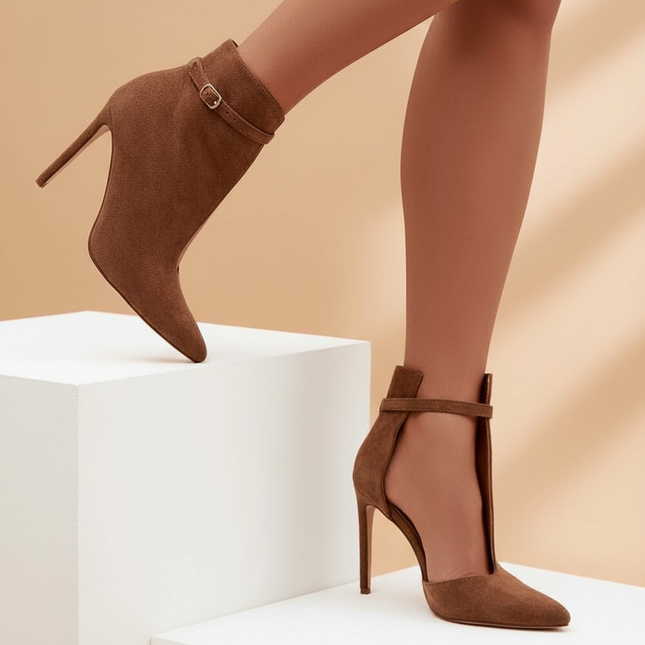 Women's Eco Suede Ankle Boots – Slim Heel, Pointed Toe & Buckle Strap - Très Elite