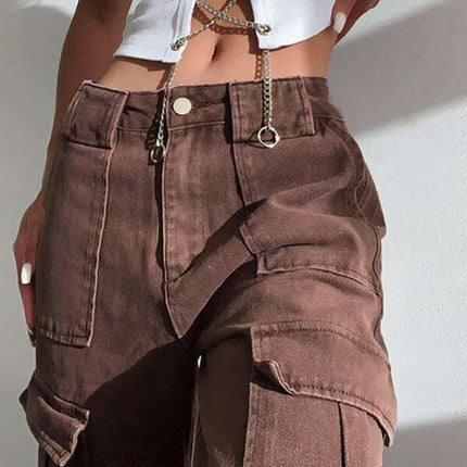 Women's Fashion Pocket Panel Casual Loose Mid Waist Cargo Pants - Très Elite