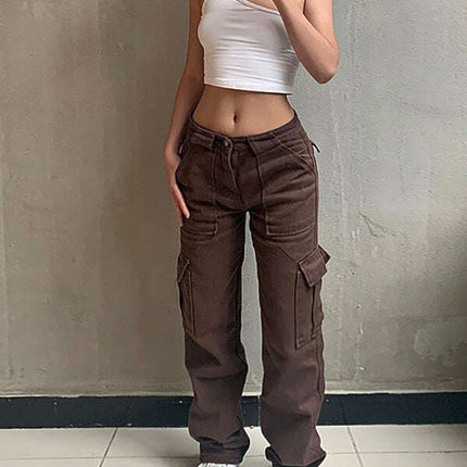 Women's Fashion Pocket Panel Casual Loose Mid Waist Cargo Pants - Très Elite