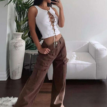 Women's Fashion Pocket Panel Casual Loose Mid Waist Cargo Pants - Très Elite