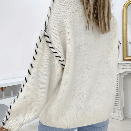 Women's Fashion Pullover Solid Color Round Neck Long Sleeve Drawstring Loose Knitted Sweater - Très Elite