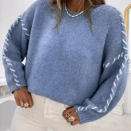 Women's Fashion Pullover Solid Color Round Neck Long Sleeve Drawstring Loose Knitted Sweater