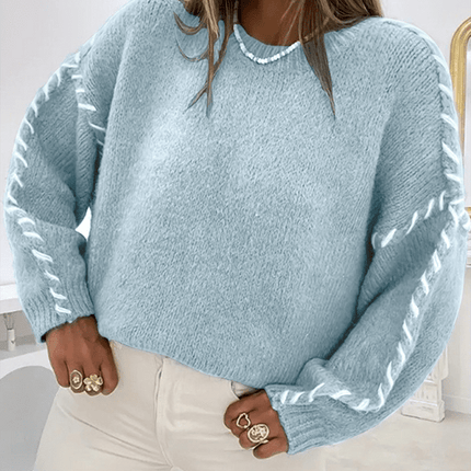 Women's Fashion Pullover Solid Color Round Neck Long Sleeve Drawstring Loose Knitted Sweater