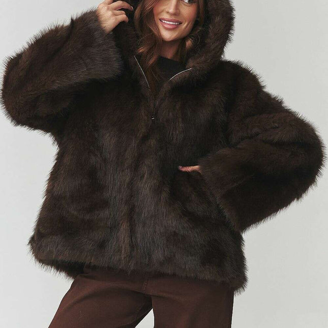 Women’s Faux Fur Hooded Jacket – Cozy Italian Winter Outerwear - Très Elite