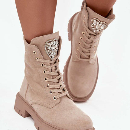 Women's Faux Suede Ankle Boots – Lace-Up, Zipper, Crystal Detail - Très Elite
