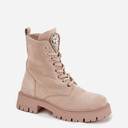 Women's Faux Suede Ankle Boots – Lace-Up, Zipper, Crystal Detail - Très Elite