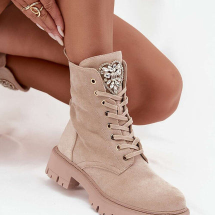 Women's Faux Suede Ankle Boots – Lace-Up, Zipper, Crystal Detail - Très Elite