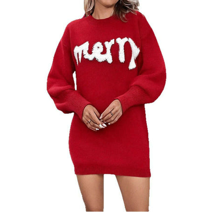 Women's Knitted Round Neck Lantern Sleeve Pullover Sweat Dress - Très Elite