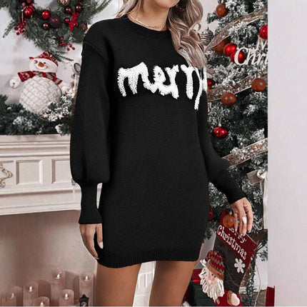 Women's Knitted Round Neck Lantern Sleeve Pullover Sweat Dress - Très Elite