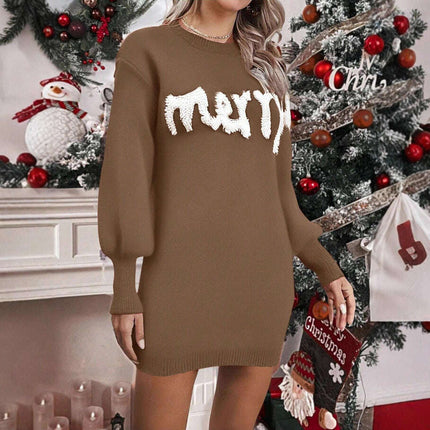 Women's Knitted Round Neck Lantern Sleeve Pullover Sweat Dress - Très Elite