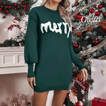 Women's Knitted Round Neck Lantern Sleeve Pullover Sweat Dress - Très Elite