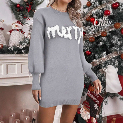 Women's Knitted Round Neck Lantern Sleeve Pullover Sweat Dress - Très Elite