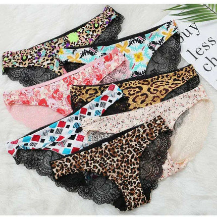 Women’s Leopard Print Lace Trim Seamless Cotton Panties - Breathable Ice Silk Lingerie - Très Elite