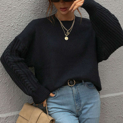 Women's Long Sleeve Thick Knitted Round Neck Twist Rope Top Sweater