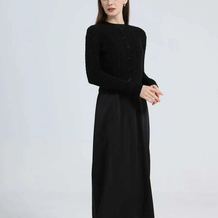 Women's Luxurious Satin and Cozy Knit Maxi Dresses with Trendy Cable Cardigan Set - Très Elite