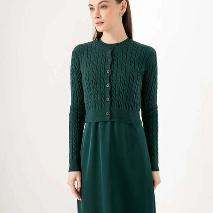Women's Luxurious Satin and Cozy Knit Maxi Dresses with Trendy Cable Cardigan Set - Très Elite
