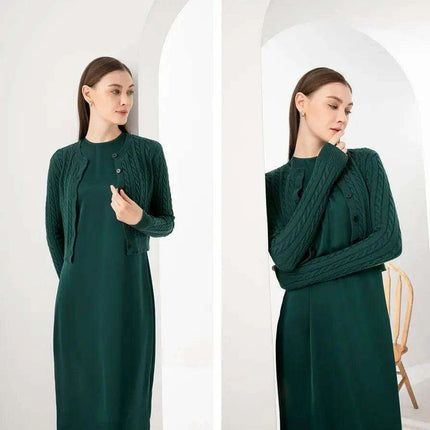 Women's Luxurious Satin and Cozy Knit Maxi Dresses with Trendy Cable Cardigan Set - Très Elite