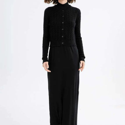 Women's Luxurious Satin and Cozy Knit Maxi Dresses with Trendy Cable Cardigan Set - Très Elite