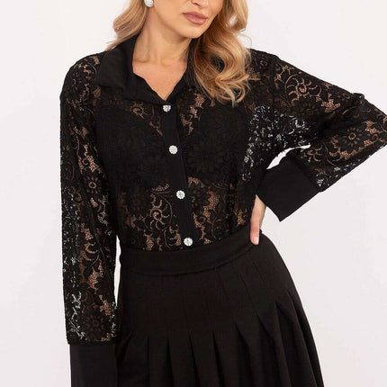Womens Openwork Lace Black Long Sleeve Shirt 204970 - Très Elite