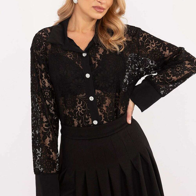 Womens Openwork Lace Black Long Sleeve Shirt 204970