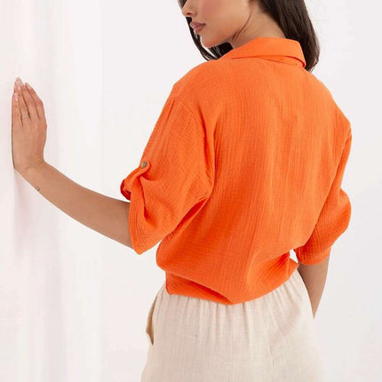 Womens Orange Cotton Shirt With Tie Hem And 3/4 Sleeves - Très Elite