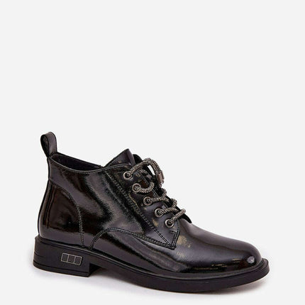 Women's Patent Leather Ankle Boots – Shiny Finish, Decorative Lacing - Très Elite
