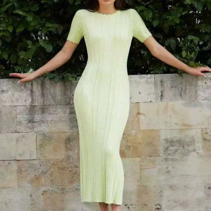 Women's Rabbit Wool Knit Maxi Dress with Short Sleeves and High Waist O Neck Design - Très Elite