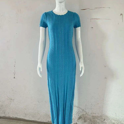 Women's Rabbit Wool Knit Maxi Dress with Short Sleeves and High Waist O Neck Design - Très Elite
