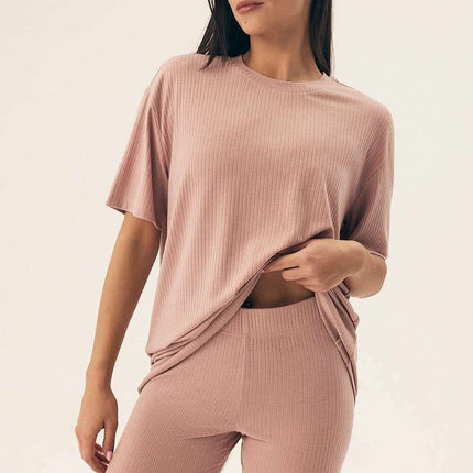 Women’s Ribbed Pajama Set – Breathable, Loose Fit Top & Shorts - Très Elite
