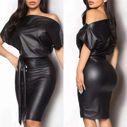 Women’s Sexy Black PU Leather Off-Shoulder Bodycon Dress with Batwing Sleeves - Très Elite