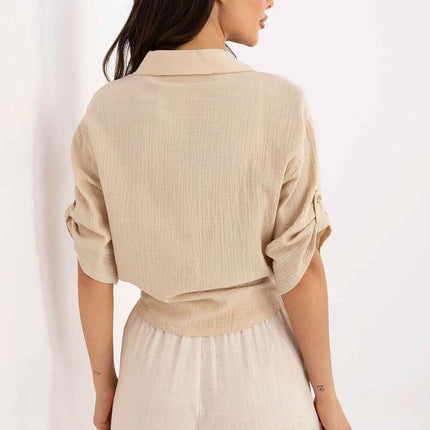 Womens Shirt Tie Hem Casual Short Three Quarter Sleeves - Très Elite