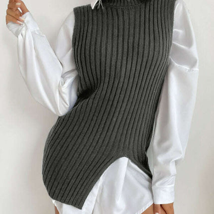Women's Slit Solid Color Mid-Length Vest Sweater - Très Elite