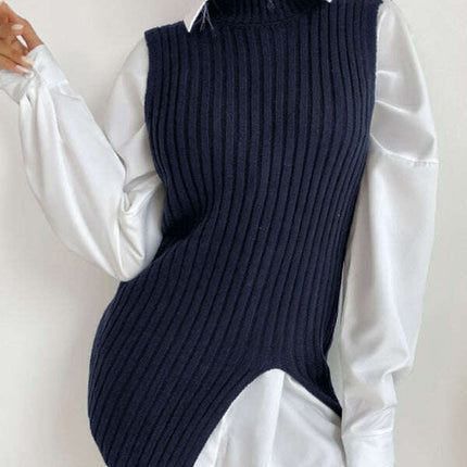 Women's Slit Solid Color Mid-Length Vest Sweater - Très Elite