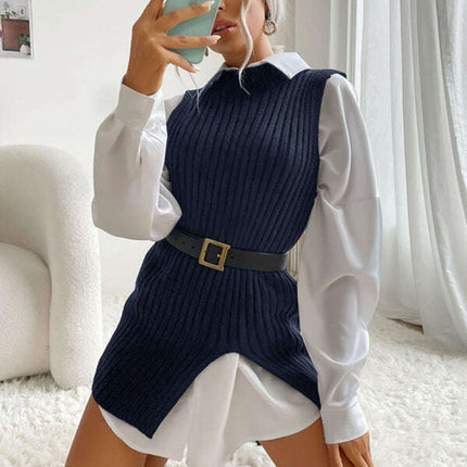 Women's Slit Solid Color Mid-Length Vest Sweater - Très Elite