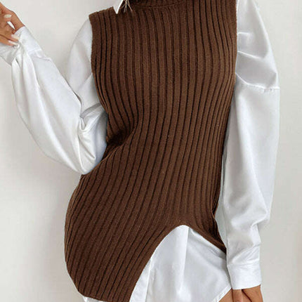 Women's Slit Solid Color Mid-Length Vest Sweater - Très Elite