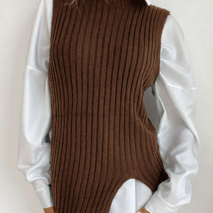 Women's Slit Solid Color Mid-Length Vest Sweater - Très Elite