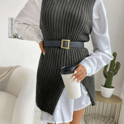 Women's Slit Solid Color Mid-Length Vest Sweater - Très Elite