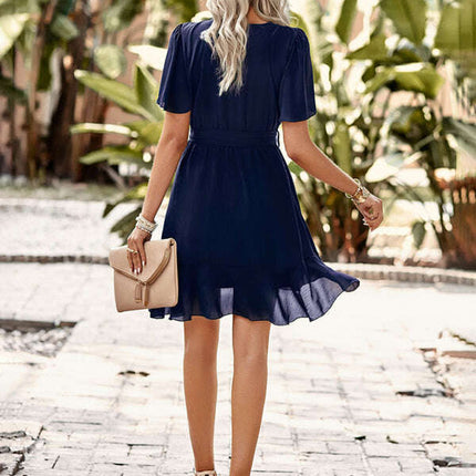 Women's Solid Color Elegant Round Neck Pleated Dress - Très Elite