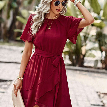 Women's Solid Color Elegant Round Neck Pleated Dress - Très Elite